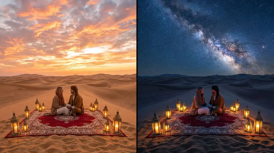 A split-screen showing a couple seated on a red carpet at sunset on the left, and the same scene under a brilliant Milky Way on the right.