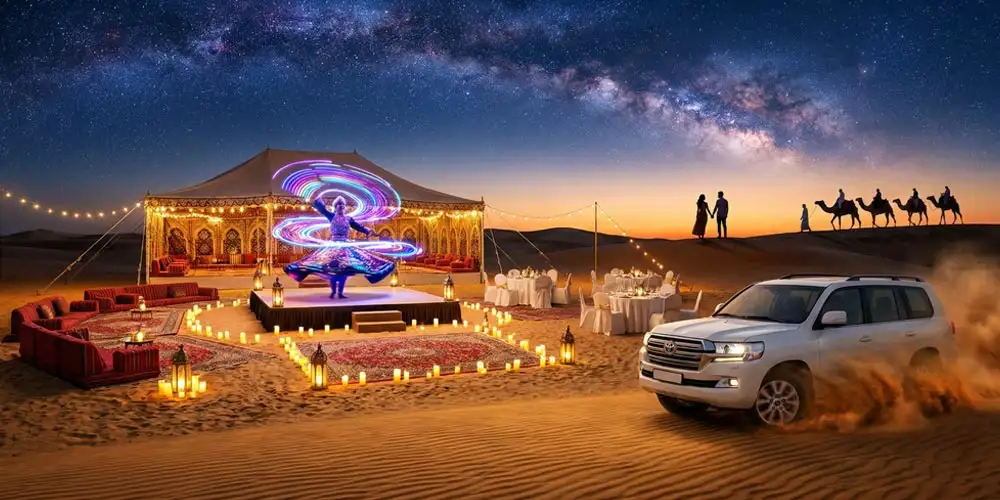 A panoramic view of an Evening Desert Safari Abu Dhabi Stargazing Experience, showcasing a white SUV approaching a desert camp where guests enjoy dinner and cultural shows under a vivid, star-filled Milky Way sky and a fading sunset.