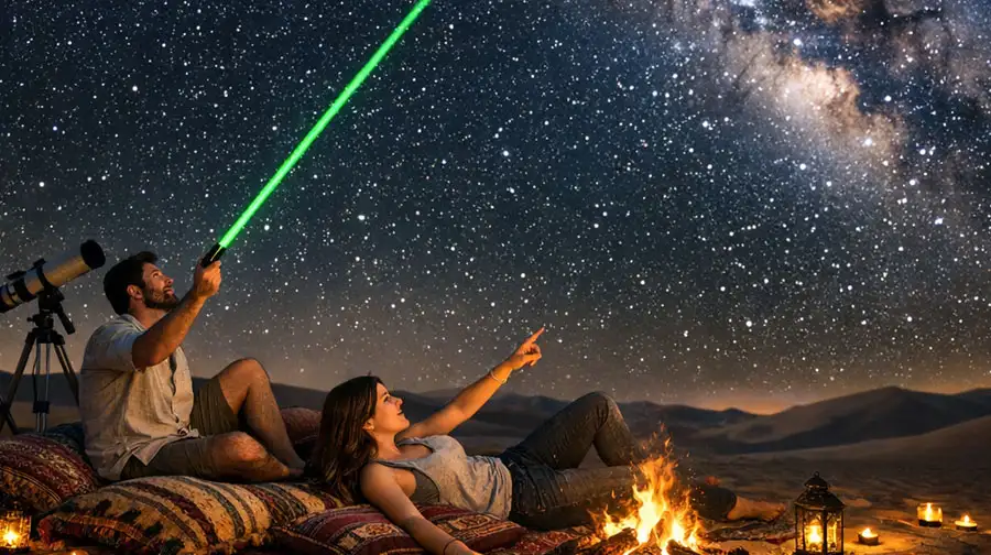 A group of people enjoying an Evening Desert Safari Abu Dhabi Stargazing Experience, lying on blankets around a small campfire while a guide uses a laser pointer to identify constellations in a brilliant Milky Way night sky.