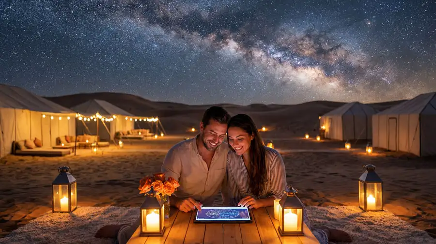 A couple sitting naturally on a traditional rug in a desert camp, looking at a tablet together to book their Evening Desert Safari Abu Dhabi Stargazing Experience under a clear, starry night sky.
