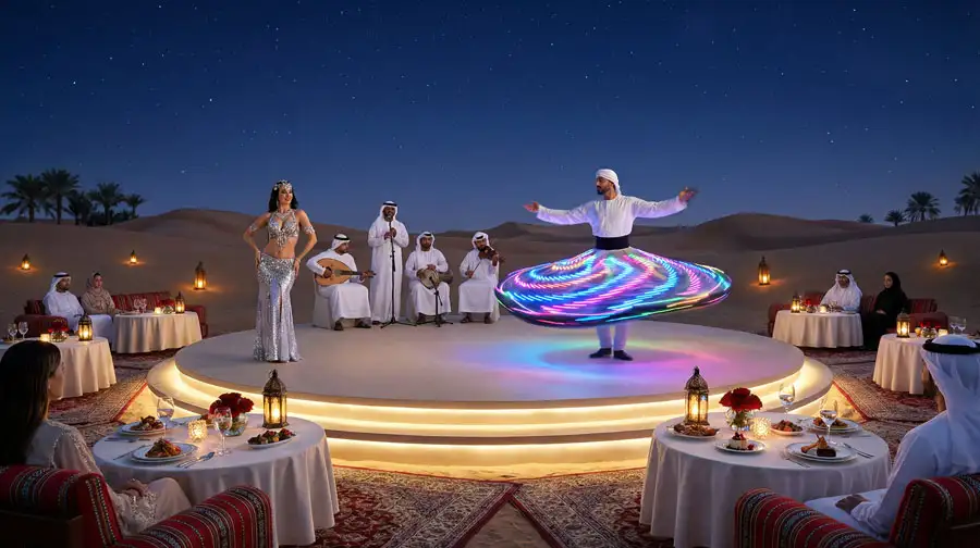 A lively cultural performance during an Evening Desert Safari Abu Dhabi Dune Bashing and Camel Ride, featuring a Tanoura dancer in a vibrant, illuminated skirt, a belly dancer, and traditional musicians on a raised stage, surrounded by elegantly set dinner tables under a starry desert sky.