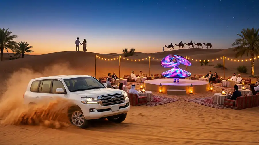A comprehensive visual of an Evening Desert Safari Abu Dhabi Dune Bashing and Camel Ride, showing a 4x4 vehicle in action and a camel caravan during the day, contrasted with a glowing desert camp featuring a Tanoura dancer under the night sky.