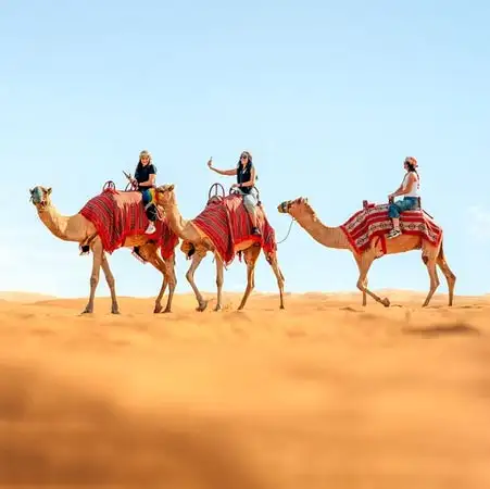 Three tourists taking selfies while riding camels in a caravan across the golden sand dunes of the Abu Dhabi desert under a clear blue sky.