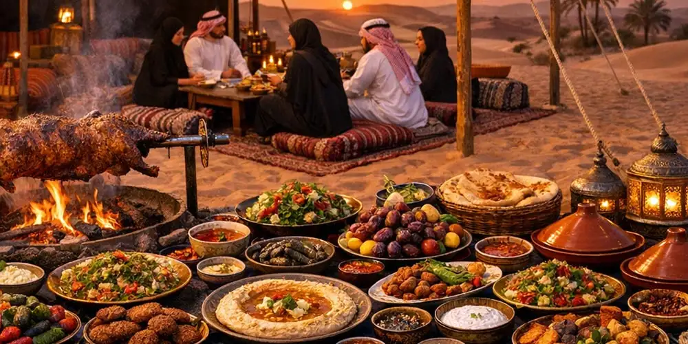 An extensive spread of traditional Middle Eastern dishes, including hummus, salads, and a whole lamb roasting over an open fire, with guests in traditional attire dining on floor cushions in the background during sunset.