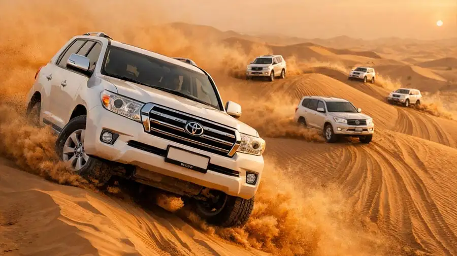 A fleet of white luxury 4x4 vehicles kicking up sand while driving down steep golden sand dunes during a desert safari at golden hour.