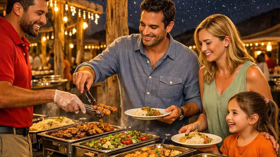 A happy family with a young daughter at a desert safari camp buffet, where a server in a red polo is serving grilled meat skewers onto their plates under warm string lights.