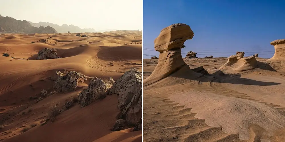Side-by-side view Fossil Rock in Sharjah on the left versus ancient fossilized sand structures at Al Wathba Fossil Dunes in Abu Dhabi on the right.