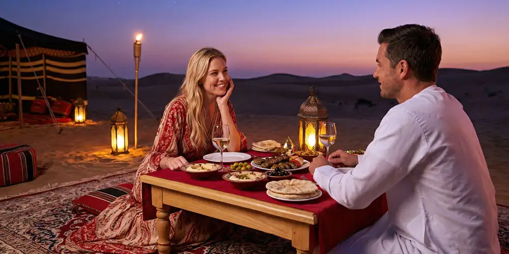 A couple in traditional and casual attire enjoys a Middle Eastern feast while seated on ornate carpets in the desert at twilight.