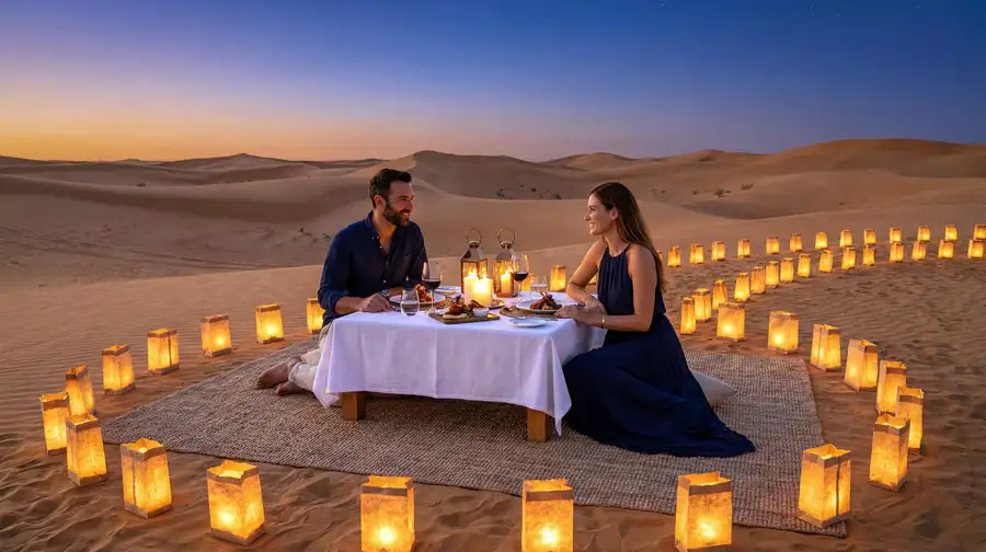 A man and woman dine at a white-clothed table surrounded by a heart-shaped path of glowing paper lanterns on the sand dunes.