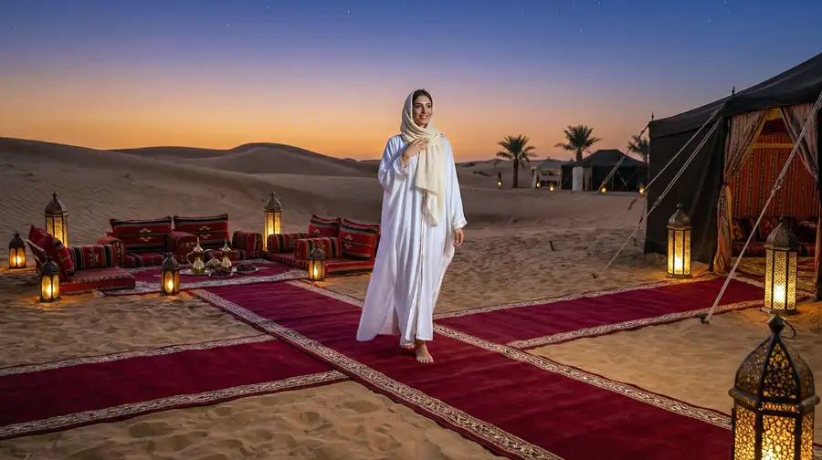 A woman in a white abaya walks along a red carpet toward a traditional majlis seating area under a starry desert sky.