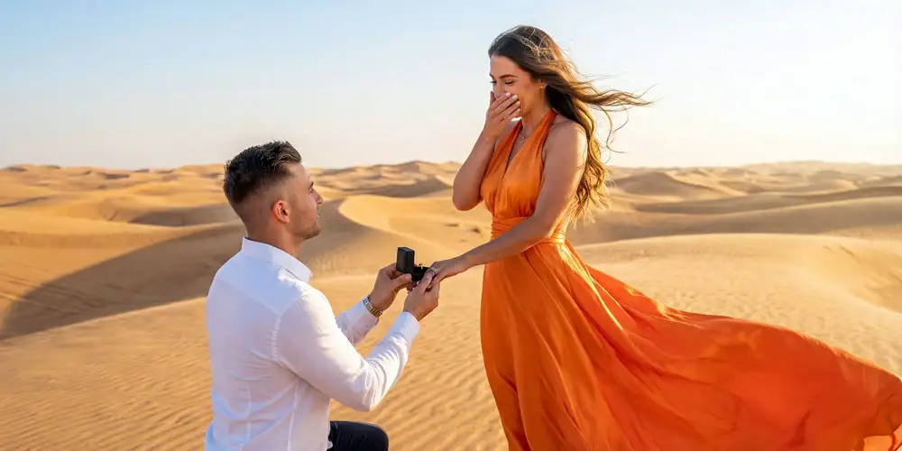 A man in a white shirt proposes to a woman wearing a flowing orange dress on the rolling sand dunes during the bright daylight.