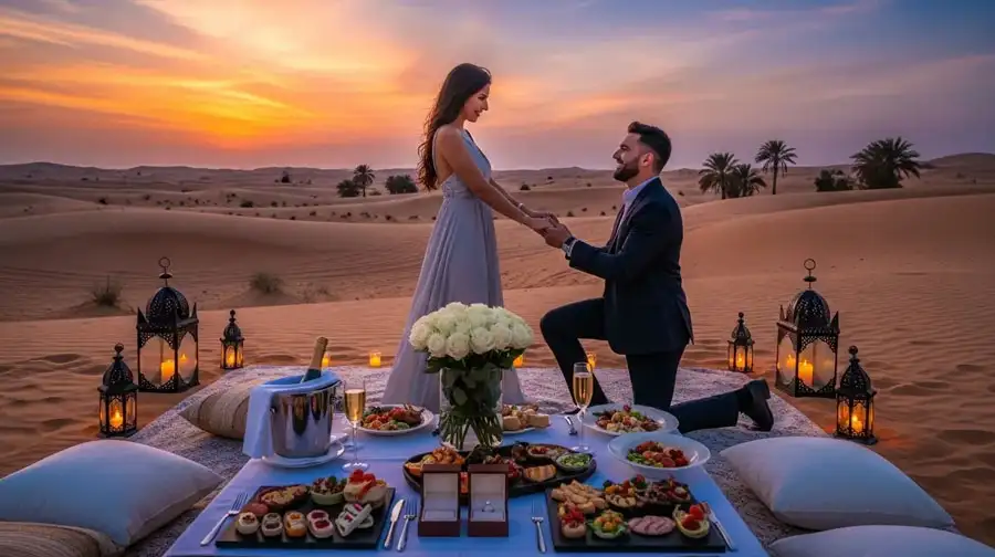 A man in a suit kneels to propose to a woman in a grey gown during a sunset picnic on the dunes, featuring a spread of food, champagne, and lanterns.