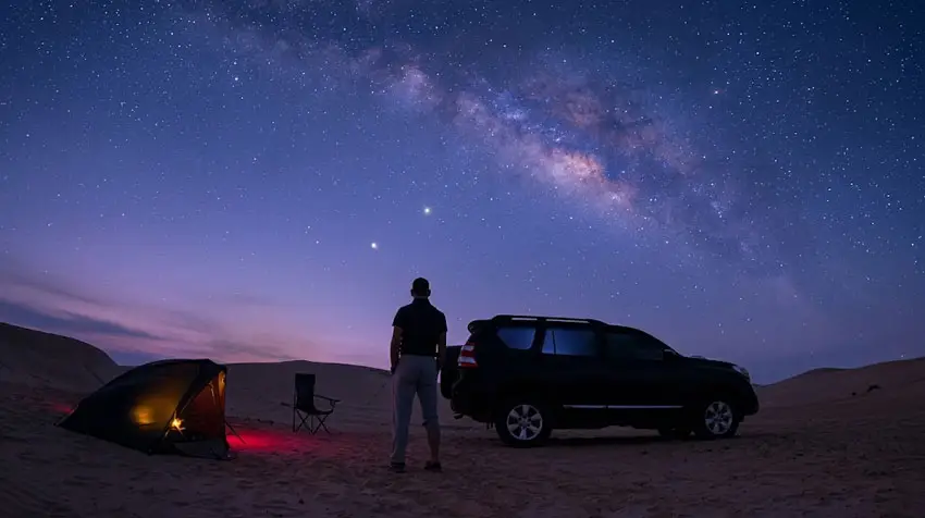 Man standing next to an SUV and glowing tent, stargazing at the vibrant Milky Way galaxy in Al Quaa Desert, Abu Dhabi.