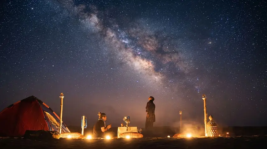 Campers sitting under a clear Milky Way arch at a lantern-lit desert campsite in Al Quaa, Abu Dhabi.