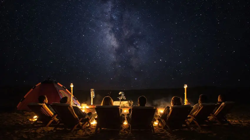 Group of people sitting in lawn chairs watching the Milky Way galaxy over their campsite in Al Quaa Desert, Abu Dhabi.
