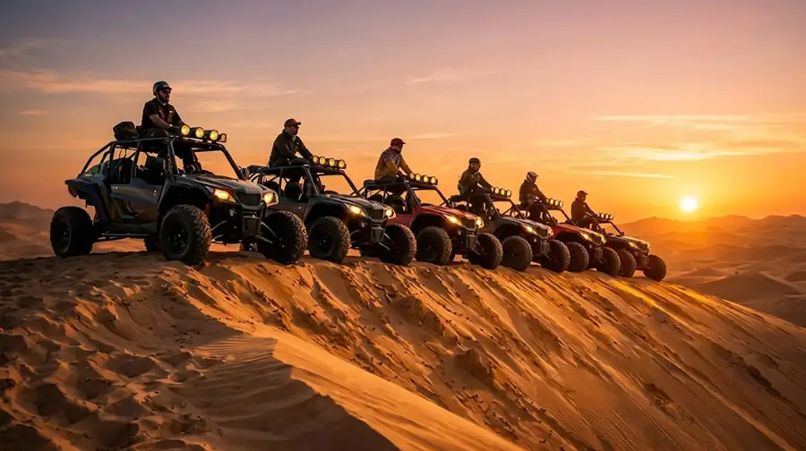A convoy of dune buggies lined up on a sand dune crest at sunset in the Abu Dhabi desert, with drivers silhouetted against the glowing orange sky during a guided tour.