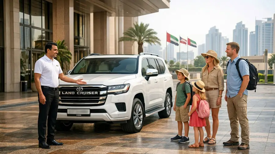 A smiling tour guide picking up a family of four next to a white Toyota Land Cruiser in front of a Abu Dhabi hotel with UAE flags, preparing for a dune buggy desert tour.