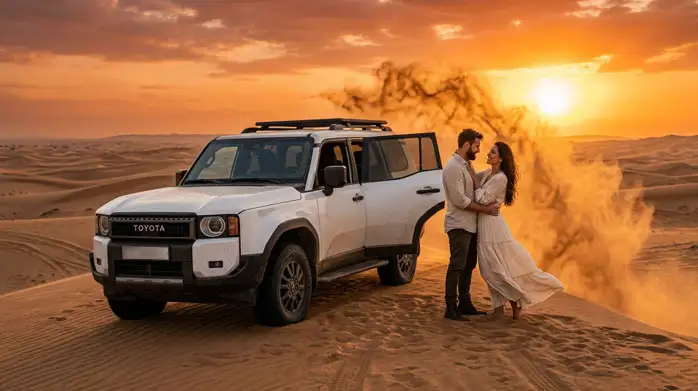 4x4 vehicle driving through the golden dunes of Abu Dhabi's Al Khatim Desert, offering an exciting evening desert safari adventure.