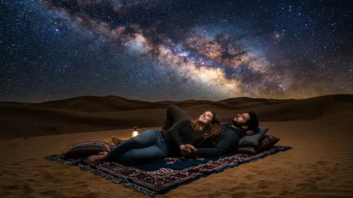 Guests stargazing under the Milky Way in the Al Khatim Desert, with the peaceful dunes and clear night sky creating a magical experience.