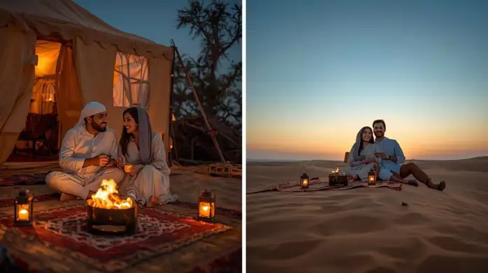 Couple enjoying the golden sunset during an evening desert safari in Abu Dhabi, with the vast dunes as the backdrop.