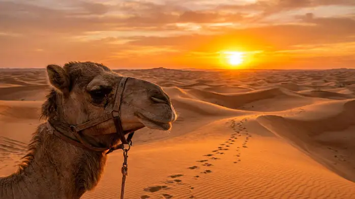 A camel walking through the Al Khatim Desert in Abu Dhabi during sunset, with golden dunes stretching into the distance.