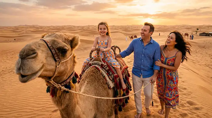 A family of four enjoying a camel ride at a traditional camel farm in the Al Khatim Desert, perfect for families on a desert safari.