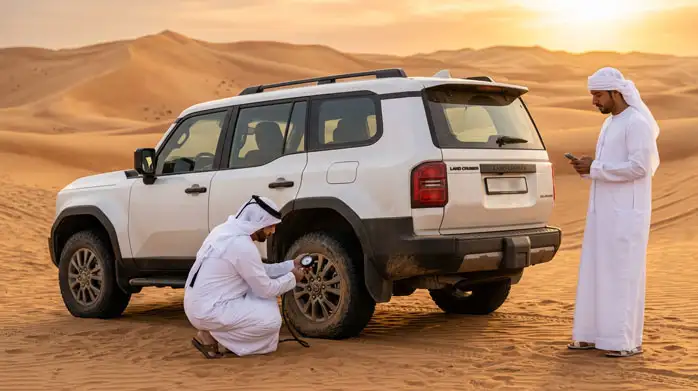 A professional driver adjusting the tire pressure of a 4x4 vehicle before dune bashing, ensuring safety and comfort during the Abu Dhabi desert safari.