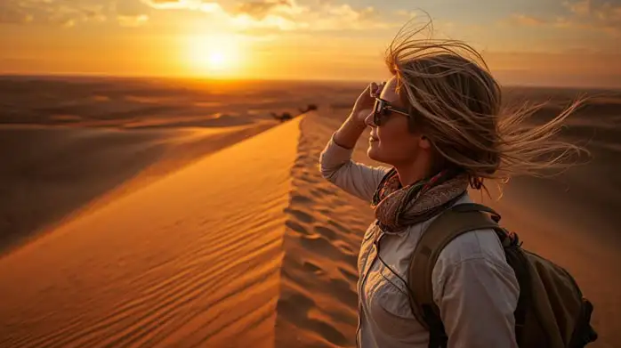 A traveler dressed in light clothing, enjoying the desert sunset in Abu Dhabi, with a camel in the background.