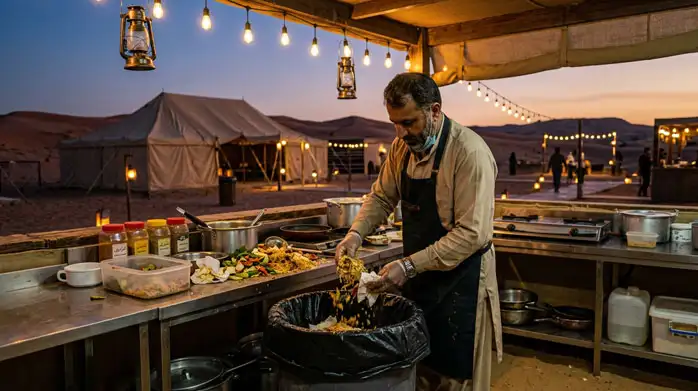 Staff member collecting food waste in reusable containers at an eco-friendly desert camp, contributing to sustainable desert tourism practices in Abu Dhabi.