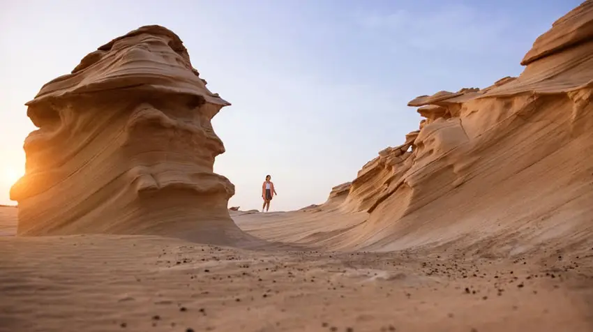 Visitor walking between towering natural sand dune rock structures at Al Wathba Fossil Dunes in Abu Dhabi.
