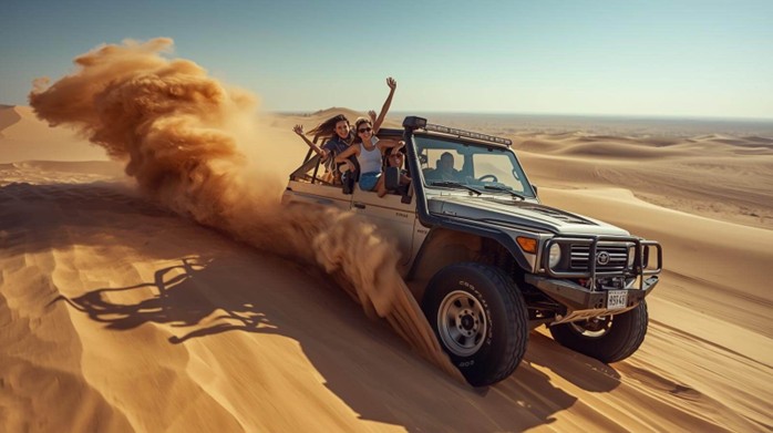 Tourists in a 4x4 vehicle enjoying an adrenaline-pumping dune bashing ride across the desert dunes in Abu Dhabi.