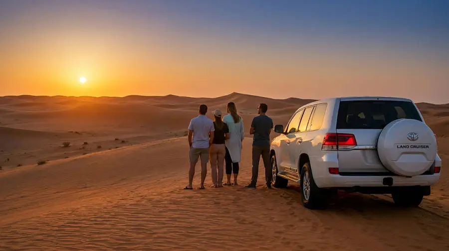 Group of tourists standing beside a white Toyota Land Cruiser watching the sunrise over the golden sand dunes of Abu Dhabi Desert.
