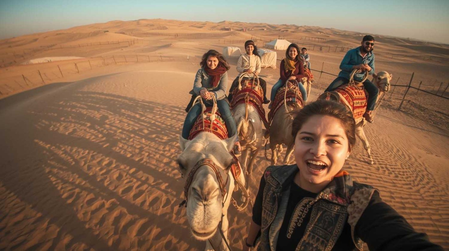 Tourists riding camels near a traditional camel farm in Abu Dhabi’s desert, with clear faces and golden dunes in the background.