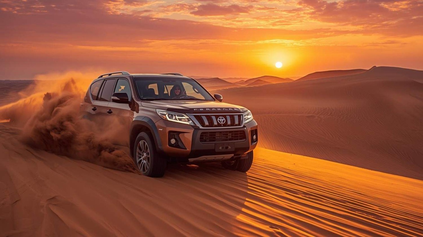 4x4 SUV driving over high golden dunes during sunset in Abu Dhabi, with passengers smiling and enjoying the thrilling dune bashing experience.