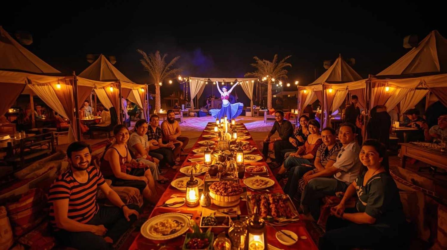 Guests enjoying BBQ dinner and live cultural performances at a Bedouin-style camp during the overnight desert safari in Abu Dhabi.
