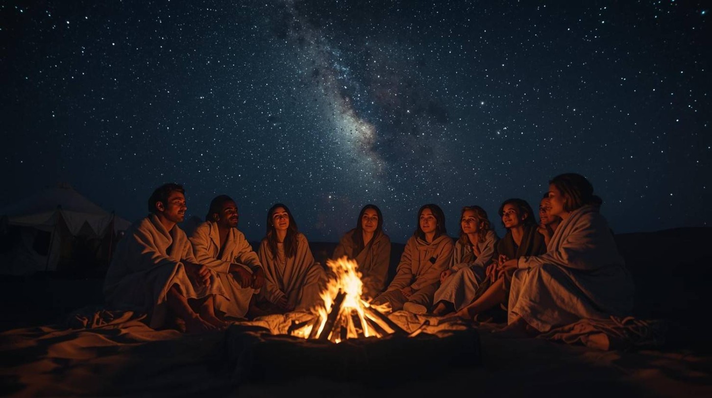 Guests sitting around a warm campfire under a clear star-filled sky during an overnight desert safari in Abu Dhabi.