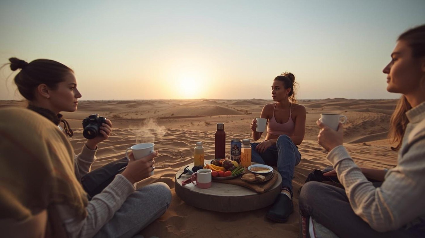 Travelers enjoying sunrise tea and a light breakfast on soft golden dunes during the morning of an overnight desert safari in Abu Dhabi.