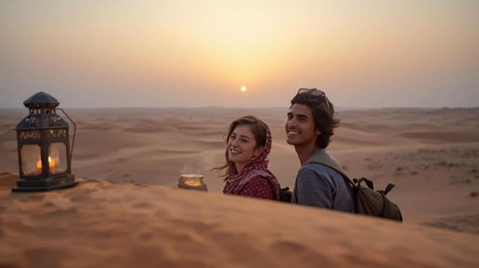Two travelers standing close to the camera at sunrise in the Abu Dhabi desert, with clear smiling faces, golden sand dunes in the background, and a glowing Bedouin lantern beside them.