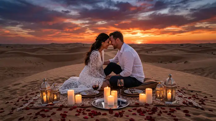 A couple sits on a traditional rug atop a sand dune at sunset, surrounded by glowing candles and lanterns with a dinner spread.