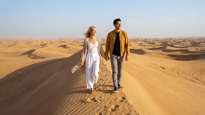 A man and woman holding hands and walking along the crest of a vast sand dune in the Abu Dhabi desert under a clear blue sky.