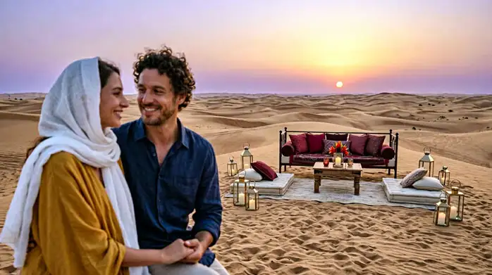 A smiling couple sits near a luxury outdoor lounge setup with plush cushions and lanterns as the sun sets over the horizon.