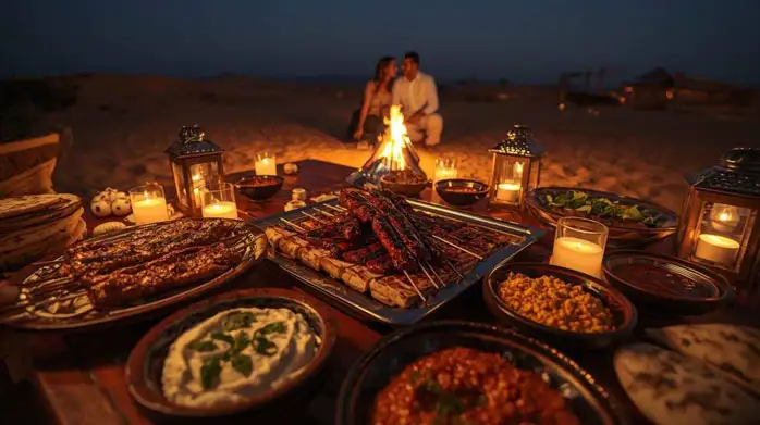 A close-up of a desert dinner table featuring grilled kebabs, hummus, pita bread, and various mezze platters illuminated by lanterns.