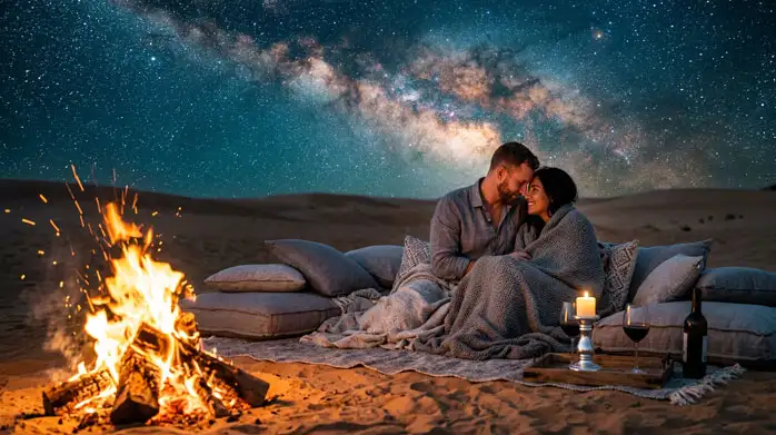 A couple wrapped in a blanket cuddles by a crackling campfire under a vivid Milky Way galaxy sky in the desert.