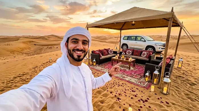 A smiling man in a white kandura takes a selfie pointing toward a luxurious desert lounge featuring a shaded tent, plush sofas, lanterns, and a white SUV parked on the dunes.