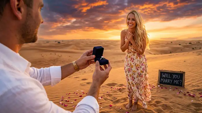 A man holds out a diamond ring box to a surprised woman on a sand dune at sunset, with rose petals on the sand and a Will You Marry Me? chalkboard sign nearby.
