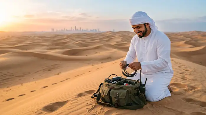 A man in traditional Emirati attire kneels on a sand dune, organizing technical equipment and cables from a utility bag with the Abu Dhabi city skyline visible in the distant horizon.