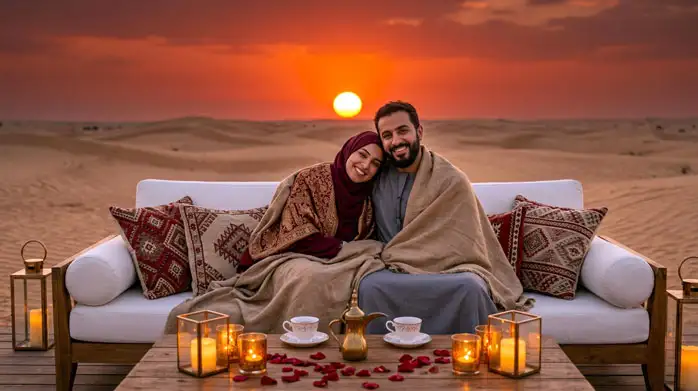 A couple wrapped in blankets sits on a white outdoor sofa, enjoying traditional tea at a low wooden table decorated with rose petals and lanterns during a vibrant Abu Dhabi desert sunset.
